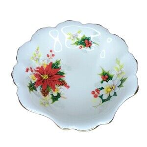 Vintage Royal Albert  Poinsettia Pattern Candy Nut Trinket Dish Gold Trim 5 x 1